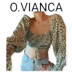 Floral Green White O. Vianca Crop Top Puff Sleeve Size L
